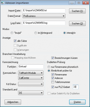 TelMarkt CRM Import Adressen Parameter