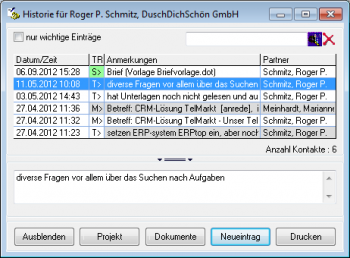 CRM TelMarkt Kontakthistorie anzeigen
