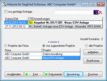 Projektzuordnung Kontakthistorie
