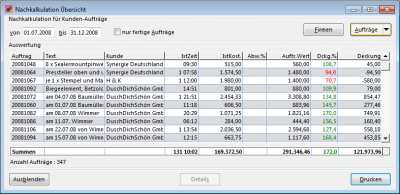 Nachkalkulation - Übersicht über Aufträge