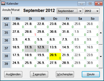 CRM TelMarkt Terminkalender Monatsansicht mit Anzahl Plan-Kontakte, Terminen, Reisen usw.