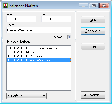 CRM TelMarkt Notizen im Kalender